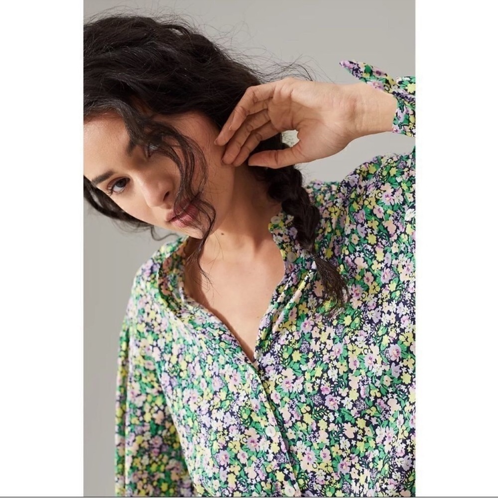 Anthropologie Maeve Ashleigh Puff-Sleeved Button Down Floral Top Blouse Large - Picture 3 of 12